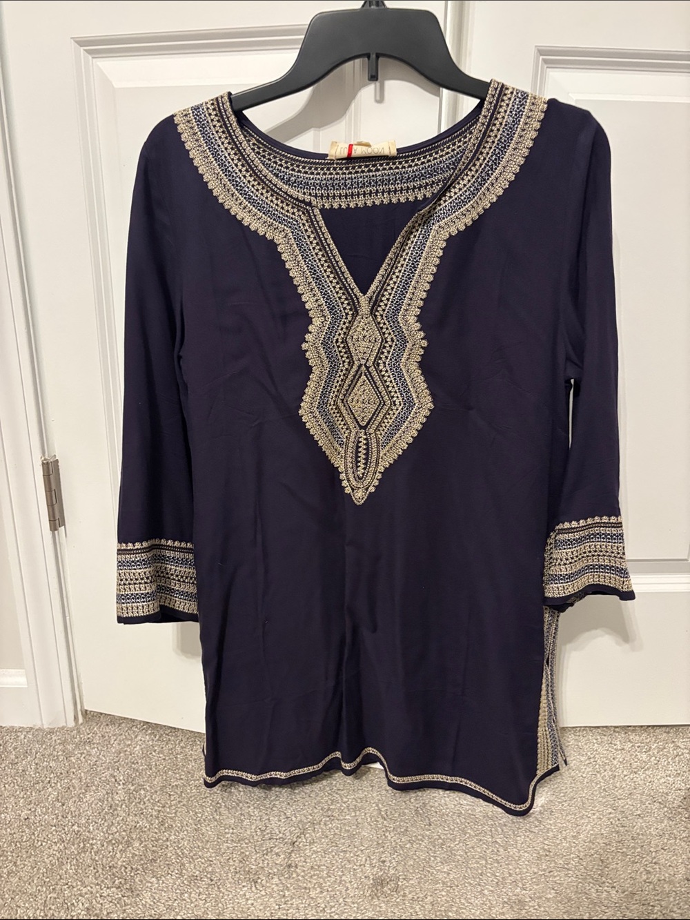 Navy Embroidered V-Neck Tunic with Metallic Trim